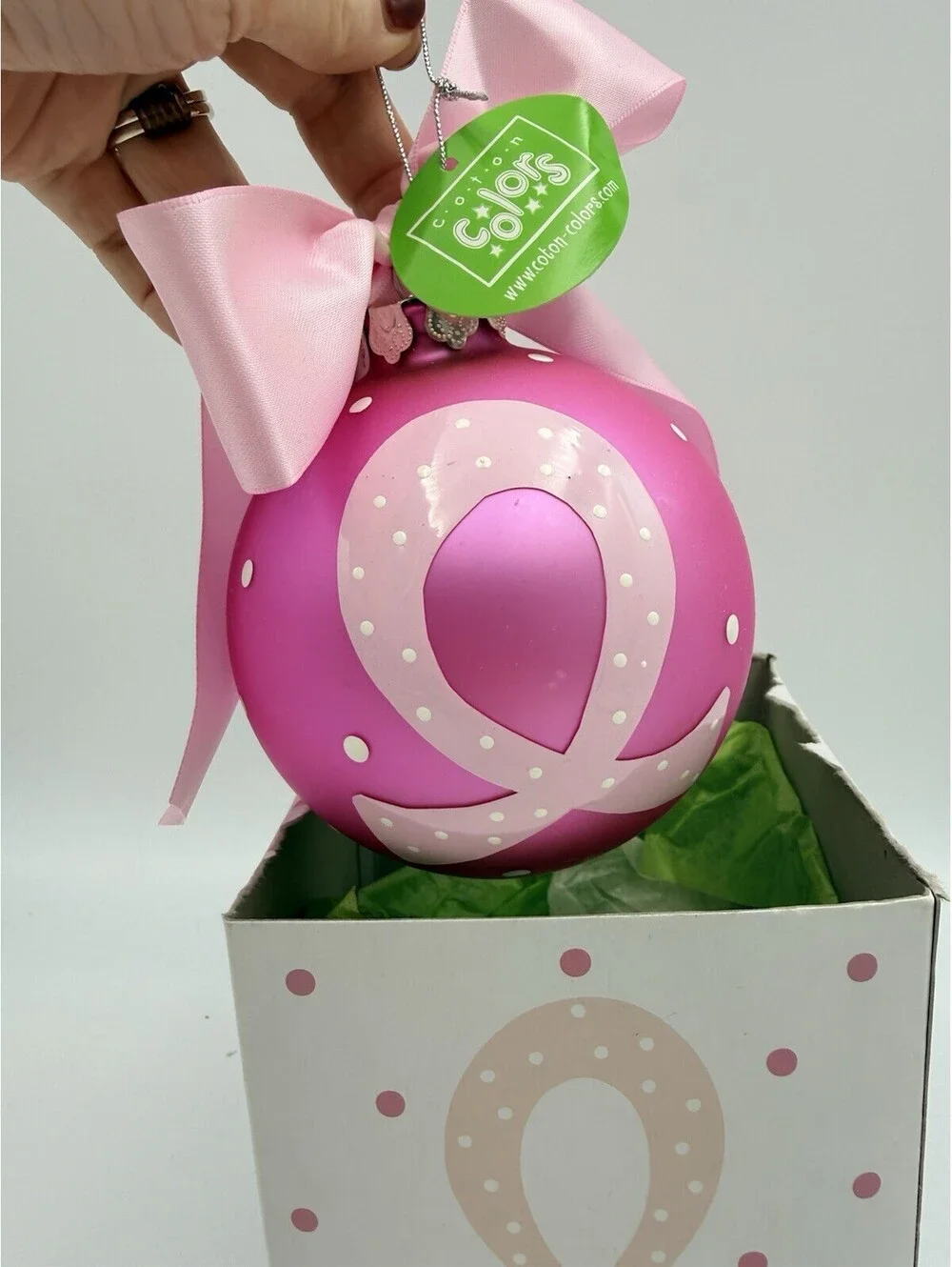 Coton Colors Happy Everything Ornament ‘Brst Cancer Ribbon ‘ 4in dia in Gift Box